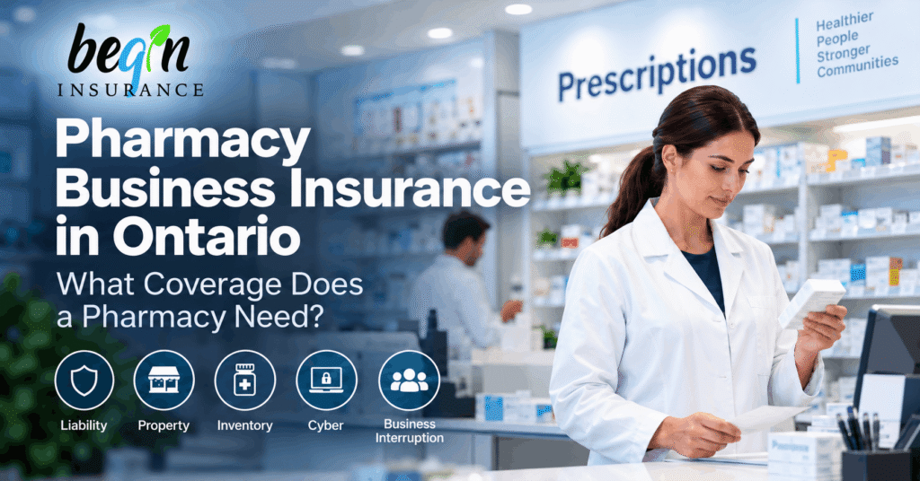 Pharmacy business insurance in Ontario with a pharmacist reviewing medication and coverage icons for liability, property, inventory, cyber and business interruption.